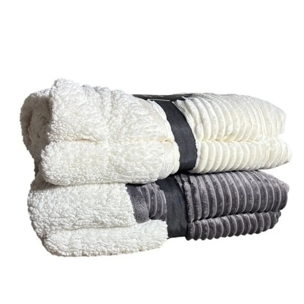 His & Her Cuddl Duds Cozy Plush Sherpa Throw Blanket: Gray & Ivory 50
